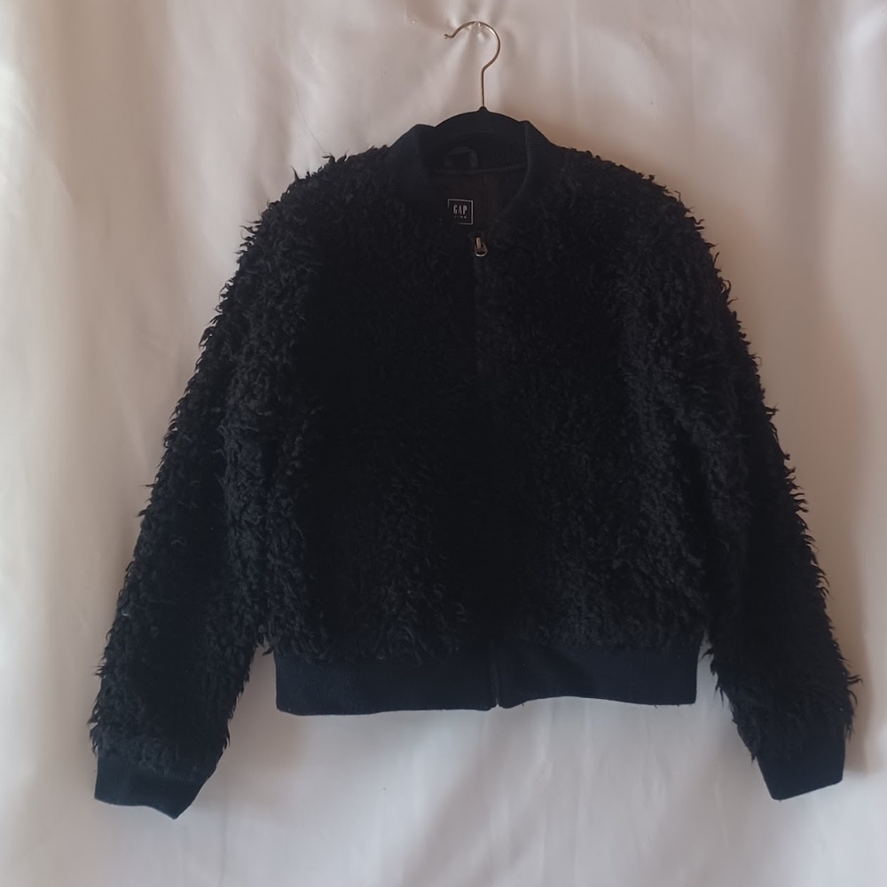 GAP KIDS Sherpa Bomber Jacket True  Black Faux Fur Shaggy Size XXL (16/18)